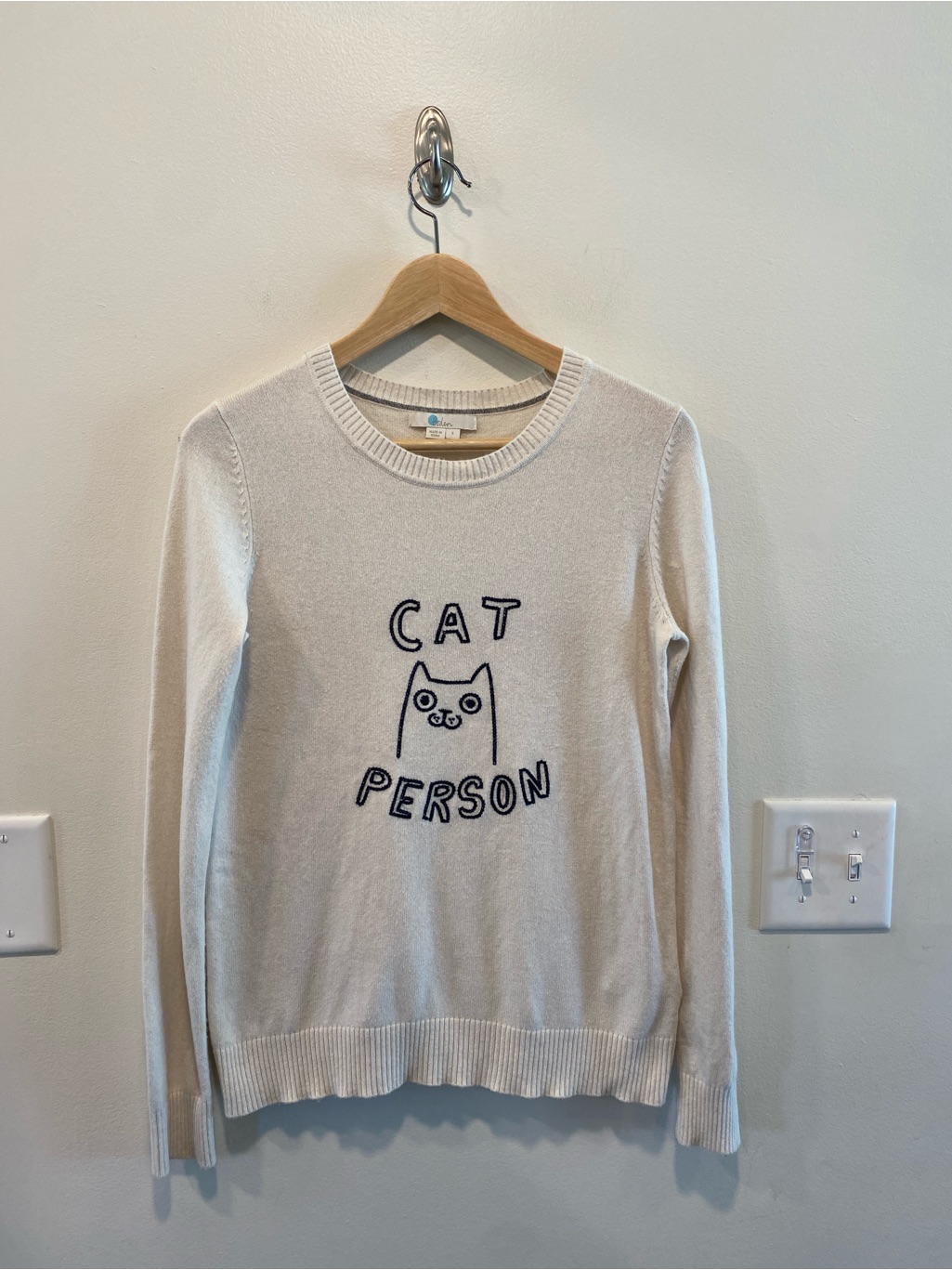 Boden Estella Cat Person Sweater Women’s Size Small Cream Kitten Wool Cashmere